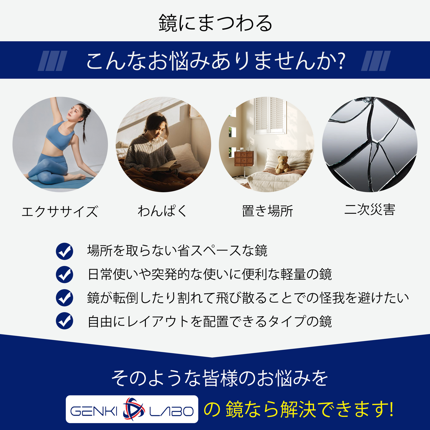 【どこでも貼れる割れない鏡】Genki ドアの裏やクローゼットにも 鏡 全身鏡 姿見鏡 壁掛け ミラー 浴室 (30×30cm 4枚セット)