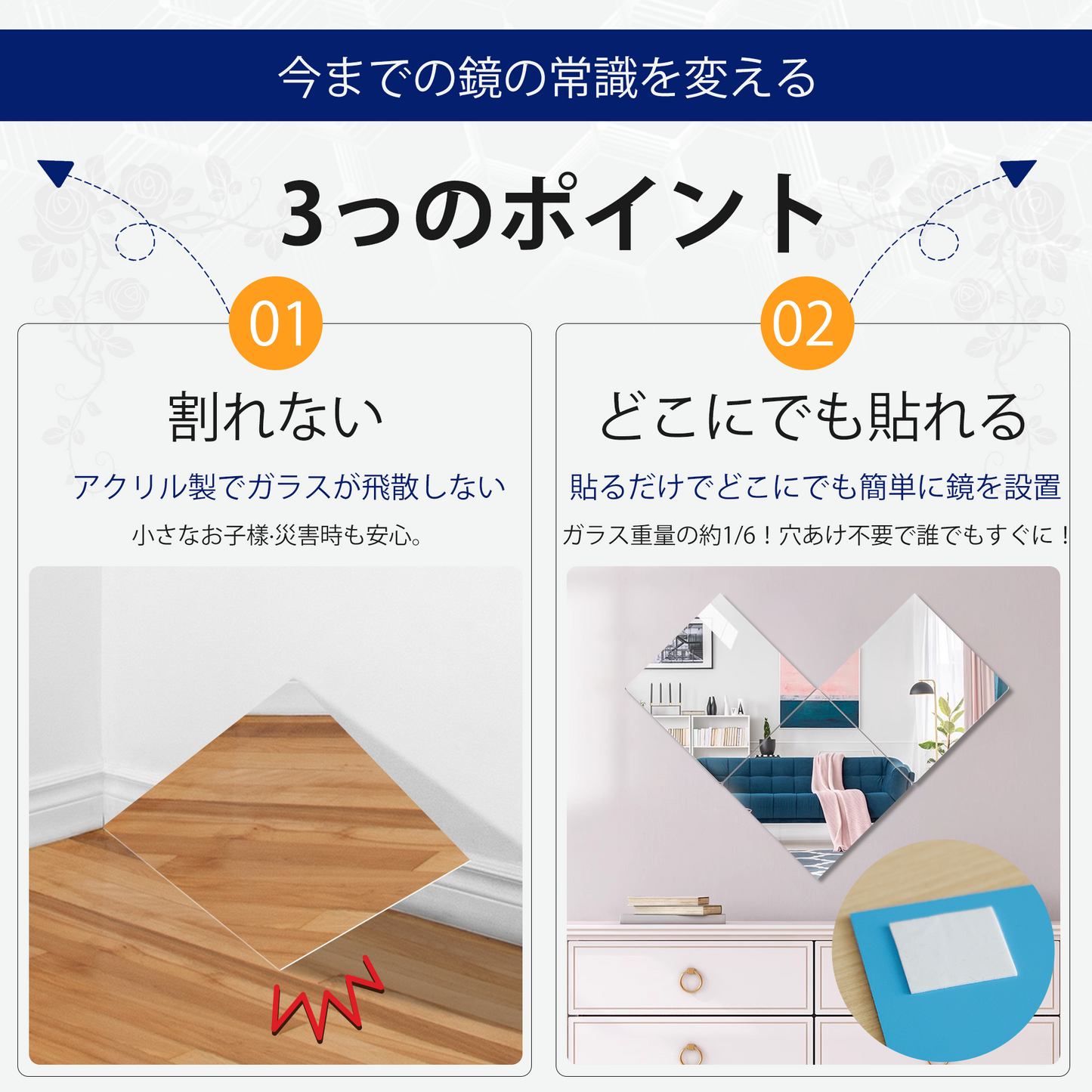 【どこでも貼れる割れない鏡】Genki ドアの裏やクローゼットにも 鏡 全身鏡 姿見鏡 壁掛け ミラー 浴室 (30×30cm 4枚セット)