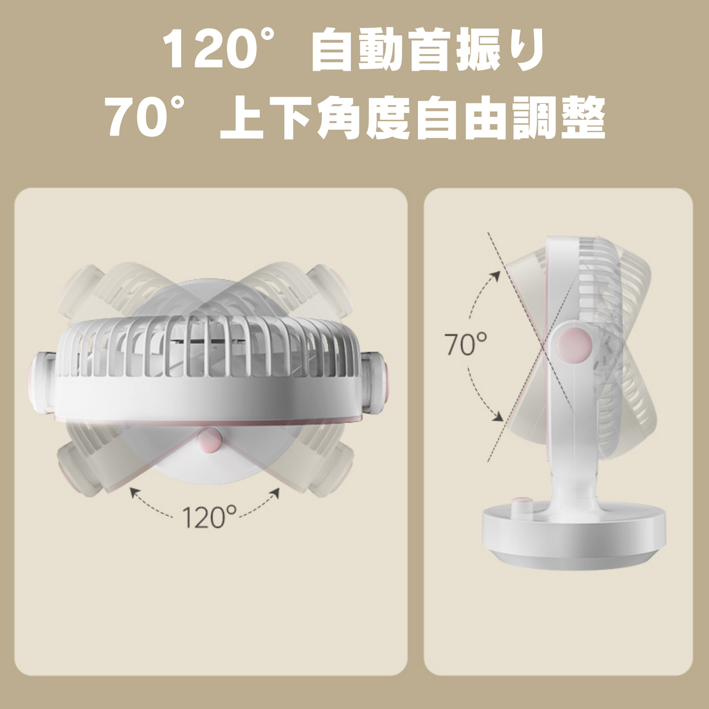 Genki Ice 卓上扇風機 自動首振り 小型コンパクト LED投影 4000mAh大容量 (ホワイト)